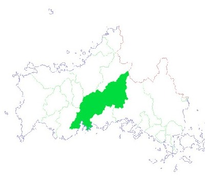 本州の端っこが山口県。緑色の部分が山口市
